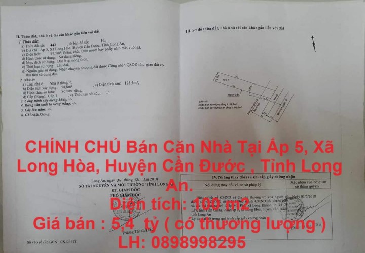 CHÍNH CHỦ Bán Căn Nhà Tại Ấp 5, Xã Long Hòa, Huyện Cần Đước , Tỉnh Long An.