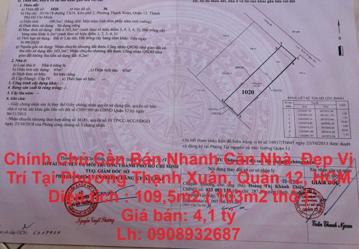 Chính Chủ Cần Bán Nhanh Căn Nhà  Đẹp Vị Trí Tại Phường Thạnh Xuân, Quận 12, HCM