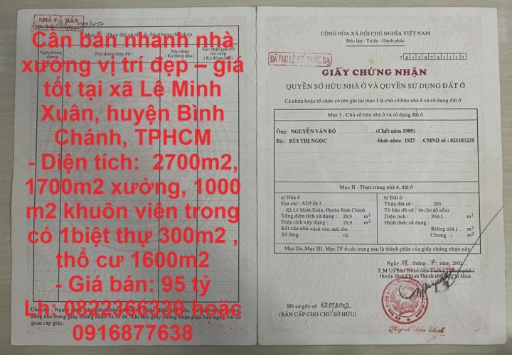 Cần bán nhanh nhà xưởng vị trí đẹp – giá tốt tại huyện Bình Chánh, TPHCM