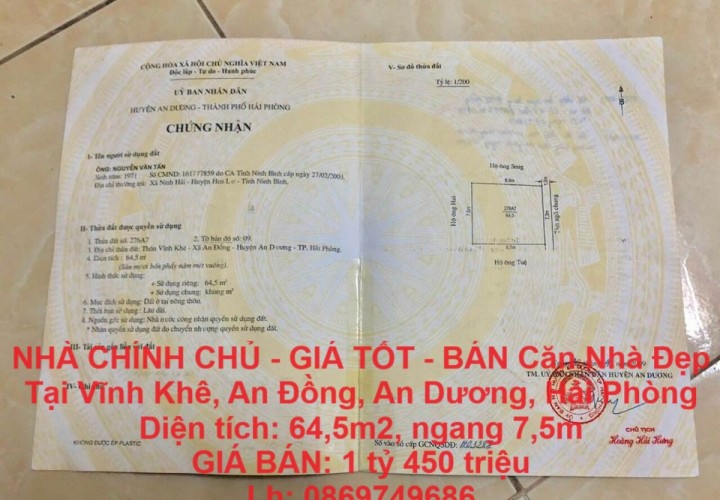 NHÀ CHÍNH CHỦ - GIÁ TỐT - BÁN Căn Nhà Đẹp Tại Vĩnh Khê, An Đồng, An Dương, Hải Phòng