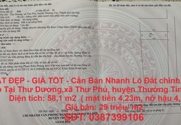 ĐẤT ĐẸP - GIÁ TỐT - Cần Bán Nhanh Lô Đất chính  chủ Vị Trí Đẹp Tại Thư Phú, Thường Tín, Hà Nội