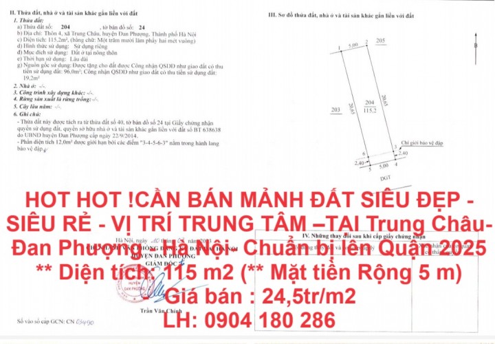 HOT HOT !CẦN BÁN MẢNH ĐẤT SIÊU ĐẸP - SIÊU RẺ - VỊ TRÍ TRUNG TÂM –TẠI Trung Châu- Đan Phượng- Hà Nội