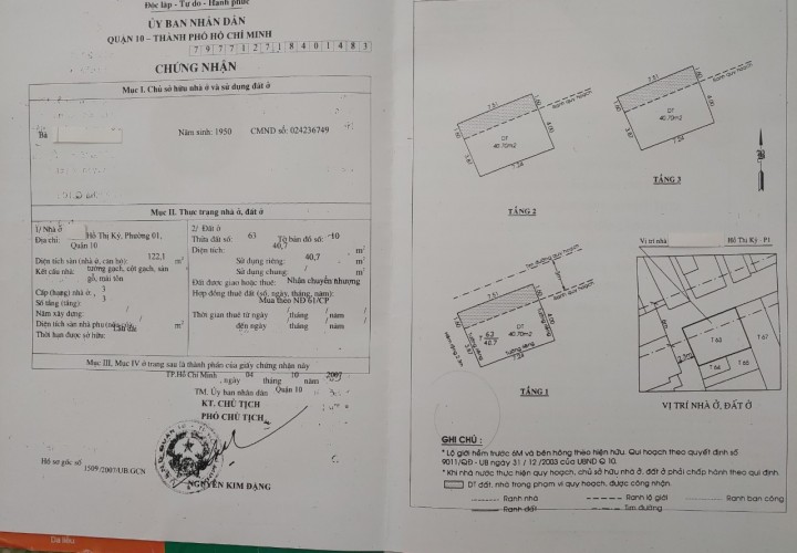 NHÀ CĂN GÓC - Chính Chủ CẦN BÁN Căn Nhà Tại đường Hồ Thị Kỷ,  Phường 1, Quận 10, HCM