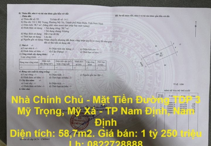 Nhà Chính Chủ - Mặt Tiền Đường TDP 3 Mỹ Trọng, Mỹ Xá - TP Nam Định, Nam Định