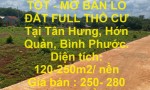 ĐẤT ĐẸP - GIÁ CỰC TỐT - MỞ BÁN LÔ ĐẤT FULL THỔ CƯ  Tại Tân Hưng, Hớn Quản, Bình Phước.