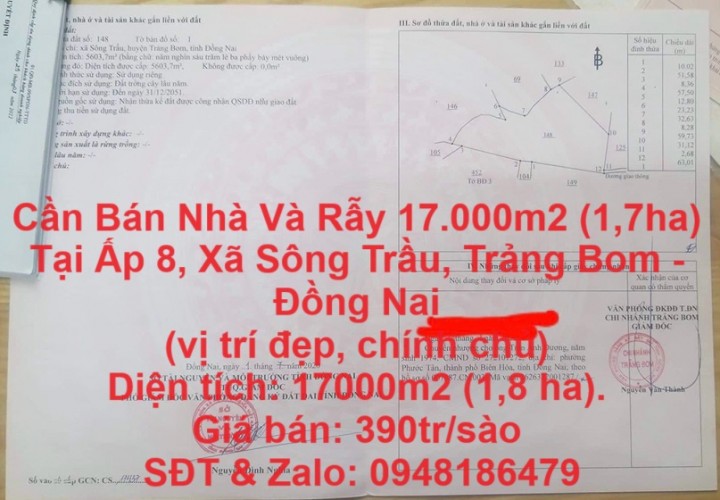 Cần Bán Nhà Và Rẫy 17.000m2 (1,7ha) Tại Ấp 8, Xã Sông Trầu, Trảng Bom - Đồng Nai