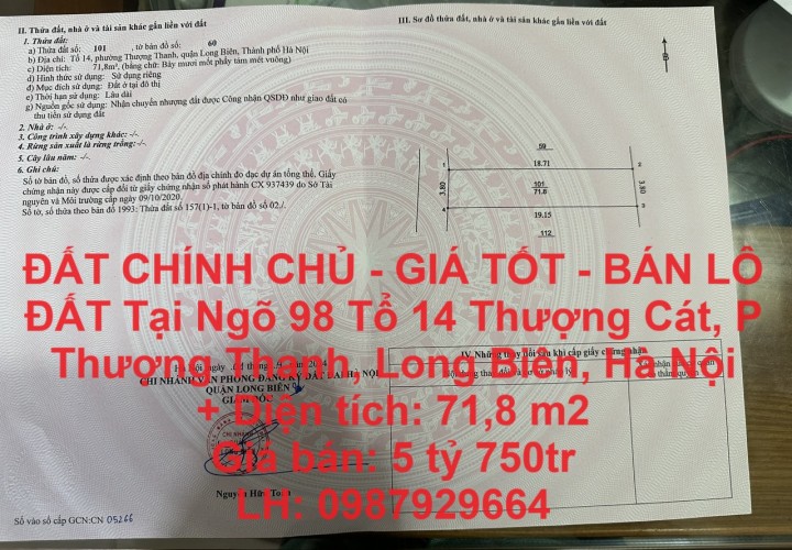 ĐẤT CHÍNH CHỦ - GIÁ TỐT - BÁN LÔ ĐẤT Tại Ngõ 98 Tổ 14 Thượng Cát, P Thượng Thanh, Long Biên, Hà Nội