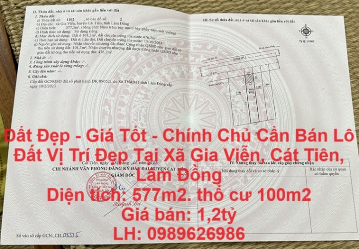 Đất Đẹp - Giá Tốt - Chính Chủ Cần Bán Lô Đất Vị Trí Đẹp Tại Xã Gia Viễn, Cát Tiên, Lâm Đồng