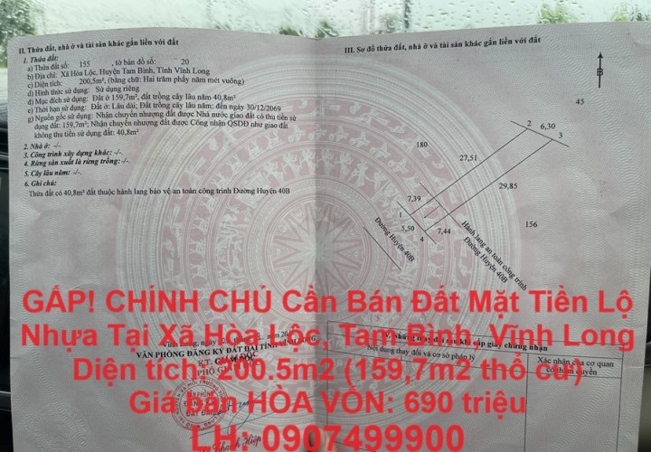 GẤP! CHÍNH CHỦ Cần Bán Đất Mặt Tiền Lộ Nhựa Tại Xã Hòa Lộc, Tam Bình, Vĩnh Long