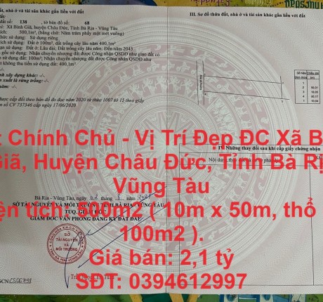 ĐẤT CHÍNH CHỦ - VỊ TRÍ ĐẸP ĐC XÃ BÌNH GIÃ, HUYỆN CHÂU ĐỨC, TỈNH BÀ RỊA VŨNG TÀU