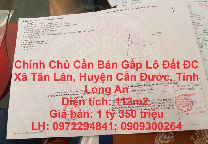 Chính Chủ Cần Bán Gấp Lô Đất ĐC Xã Tân Lân, Huyện Cần Đước, Tỉnh Long An