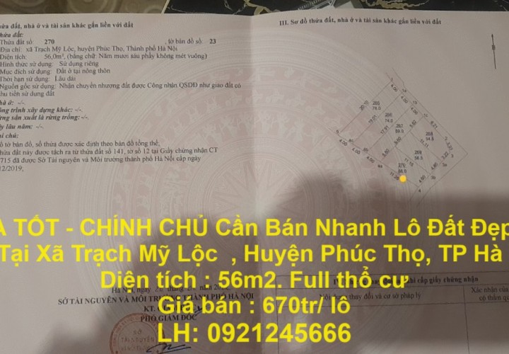 GIÁ TỐT - CHÍNH CHỦ Cần Bán Nhanh Lô Đất Đẹp Vị Trí Tại Huyện Phúc Thọ, TP Hà Nội