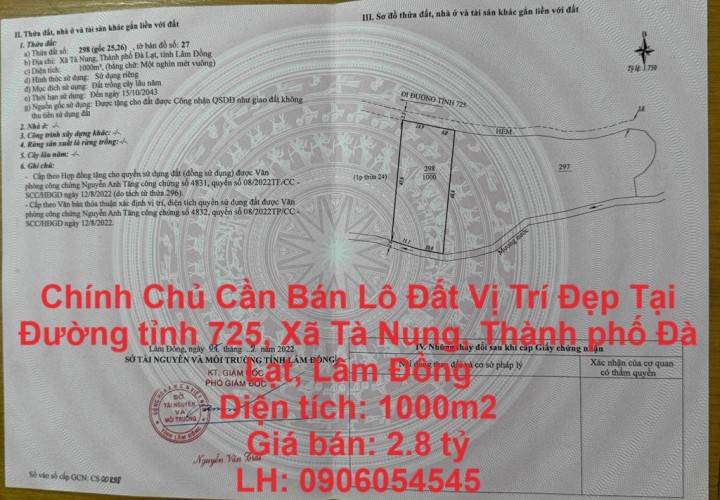 Chính Chủ Cần Bán Lô Đất Vị Trí Đẹp Tại Đường tỉnh 725, Xã Tà Nung, Thành phố Đà Lạt, Lâm Đồng