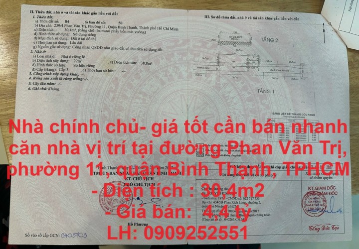 Nhà chính chủ- giá tốt cần bán nhanh căn nhà vị trí tại quận Bình Thạnh, TPHCM