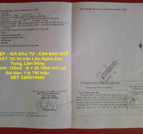 ĐẤT ĐẸP – GIÁ ĐẦU TƯ - CẦN BÁN GẤP LÔ ĐẤT TẠI thị trấn Liên Nghĩa,Đức Trọng, Lâm Đồng