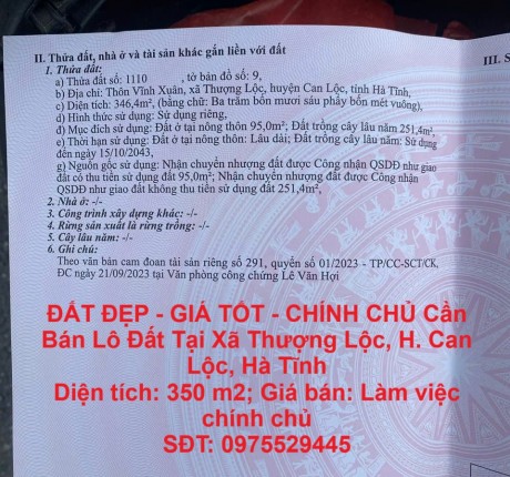 ĐẤT ĐẸP - GIÁ TỐT - CHÍNH CHỦ Cần Bán Lô Đất Tại Xã Thượng Lộc, H. Can Lộc, Hà Tĩnh