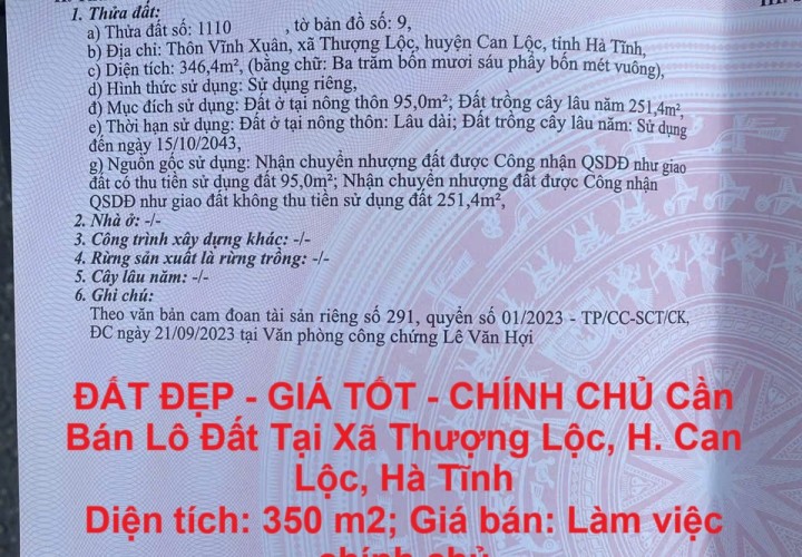 ĐẤT ĐẸP - GIÁ TỐT - CHÍNH CHỦ Cần Bán Lô Đất Tại Xã Thượng Lộc, H. Can Lộc, Hà Tĩnh