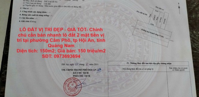 LÔ ĐẤT VỊ TRÍ ĐẸP - GIÁ TỐT- Chính chủ cần bán nhanh lô đất 2 mặt tiền vị trí tại tp Hội An, tỉnh Quảng Nam
