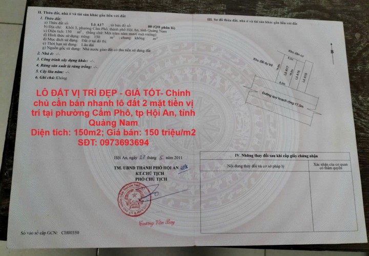 LÔ ĐẤT VỊ TRÍ ĐẸP - GIÁ TỐT- Chính chủ cần bán nhanh lô đất 2 mặt tiền vị trí tại tp Hội An, tỉnh Quảng Nam