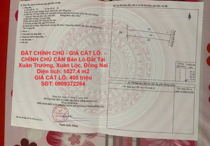 ĐẤT CHÍNH CHỦ - GIÁ CẮT LỖ  - CHÍNH CHỦ CẦN Bán Lô Đất Tại Xuân Trường, Xuân Lộc, Đồng Nai