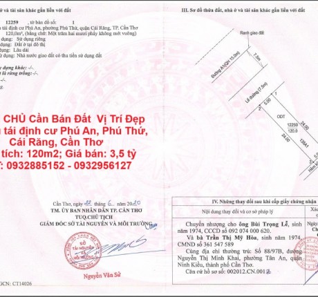 CHÍNH CHỦ Cần Bán Đất Vị Trí Đẹp Tại khu tái định cư Phú An, Phú Thứ, Cái Răng, Cần Thơ
