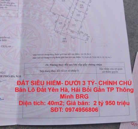 ĐẤT SIÊU HIẾM- DƯỚI 3 TỶ- CHÍNH CHỦ Bán Lô Đất Yên Hà, Hải Bối Gần TP Thông Minh BRG