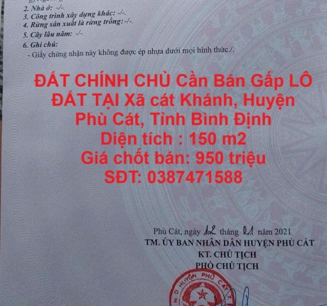 ĐẤT CHÍNH CHỦ Cần Bán Gấp LÔ ĐẤT TẠI Xã cát Khánh, Huyện Phù Cát, Tỉnh Bình Định
