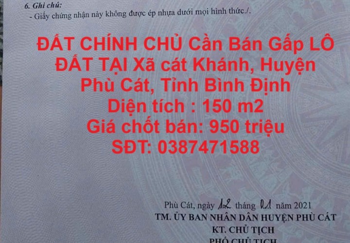 ĐẤT CHÍNH CHỦ Cần Bán Gấp LÔ ĐẤT TẠI Xã cát Khánh, Huyện Phù Cát, Tỉnh Bình Định