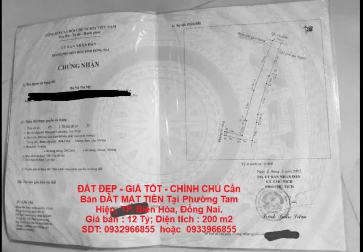 ĐẤT ĐẸP - GIÁ TỐT - CHÍNH CHỦ Cần Bán ĐẤT MẶT TIỀN Tại Phường Tam Hiệp, TP. Biên Hòa, Đồng Nai.