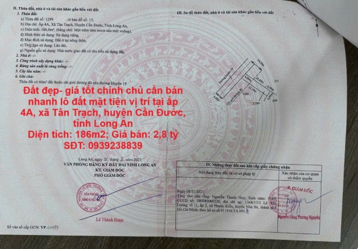 Đất đẹp- giá tốt chính chủ cần bán nhanh lô đất mặt tiện vị trí tại huyện Cần Đước, tỉnh Long An