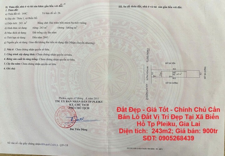 Đất Đẹp - Giá Tốt - Chính Chủ Cần Bán Lô Đất Vị Trí Đẹp Tại Xã Biển Hồ Tp Pleiku, Gia Lai