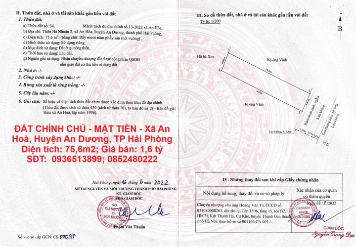 ĐẤT CHÍNH CHỦ - MẶT TIỀN - Xã An Hoà, Huyện An Dương, TP Hải Phòng