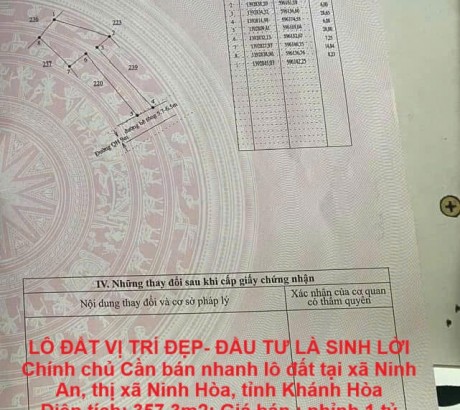 LÔ ĐẤT VỊ TRÍ ĐẸP- ĐẦU TƯ LÀ SINH LỜI Chính chủ Cần bán nhanh lô đất tại thị xã Ninh Hòa, tỉnh Khánh Hòa