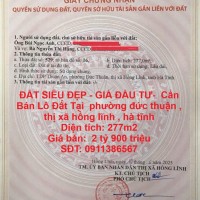 ĐẤT SIÊU ĐẸP - GIÁ ĐẦU TƯ-  Cần Bán Lô Đất Tại  phường đức thuận , thị xã hồng lĩnh , hà tĩnh