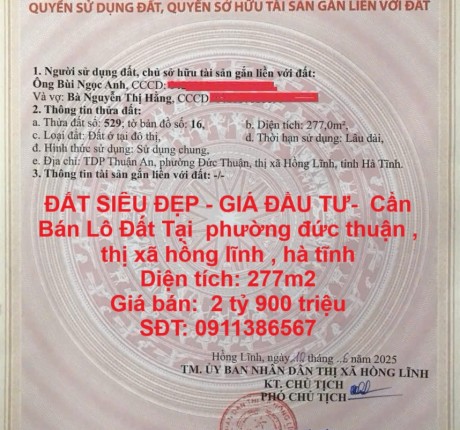 ĐẤT SIÊU ĐẸP - GIÁ ĐẦU TƯ- Cần Bán Lô Đất Tại phường đức thuận , thị xã hồng lĩnh , hà tĩnh