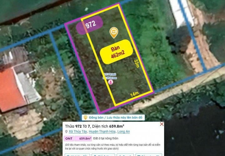 Bán đất thổ 462m2, sát QL.62, view kênh, SHR, đường ô tô, Xã Thuỷ Tây Thạnh Hóa, Long An