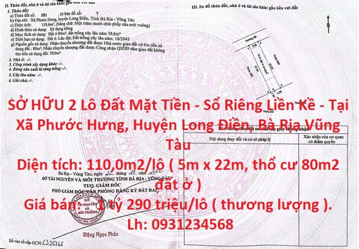 SỞ HỮU 2 Lô Đất Mặt Tiền - Sổ Riêng Liền Kề - Tại Xã Phước Hưng, Huyện Long Điền, Bà Rịa Vũng Tàu