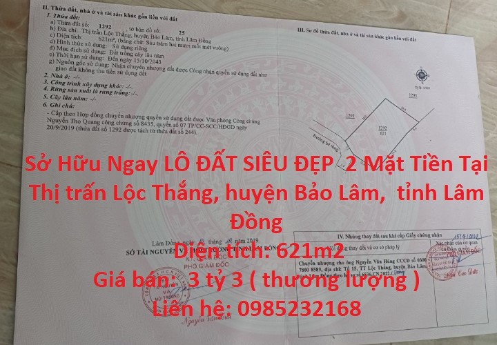 Sở Hữu Ngay LÔ ĐẤT SIÊU ĐẸP  2 Mặt Tiền Tại  Thị trấn Lộc Thắng, huyện Bảo Lâm,  tỉnh Lâm Đồng