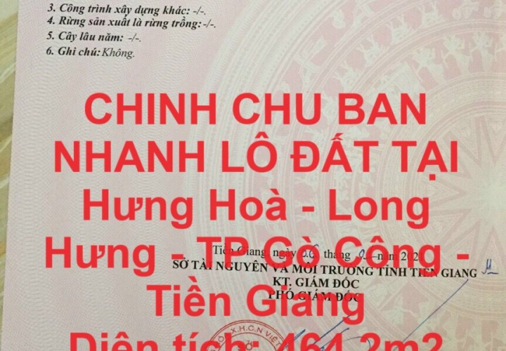 CHÍNH CHỦ BÁN NHANH LÔ ĐẤT TẠI Hưng Hoà - Long Hưng - TP Gò Công - Tiền Giang