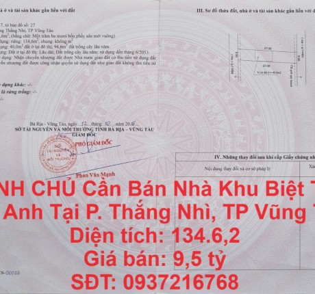 CHÍNH CHỦ CẦN BÁN NHÀ KHU BIỆT THỰ VIỆT ANH TẠI P. THẮNG NHÌ, TP VŨNG TÀU