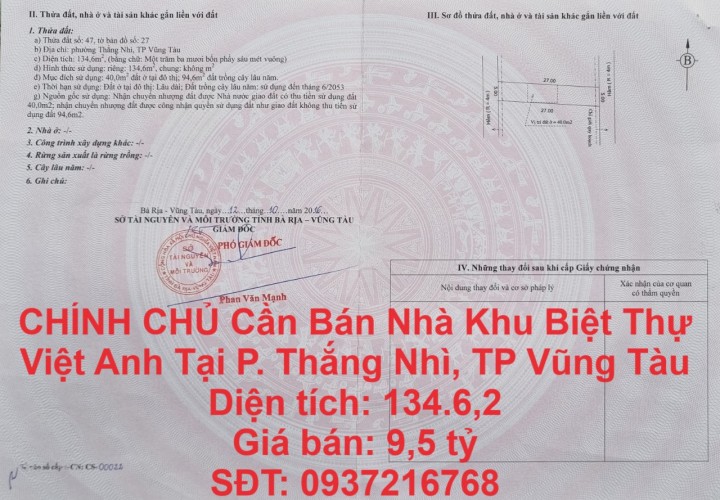 CHÍNH CHỦ Cần Bán Nhà Khu Biệt Thự Việt Anh Tại P. Thắng Nhì, TP Vũng Tàu