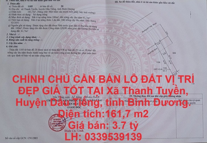 CHÍNH CHỦ CẦN BÁN LÔ ĐẤT VỊ TRÍ ĐẸP GIÁ TỐT TẠI Dầu Tiếng, Bình Dương .LH 0339539139