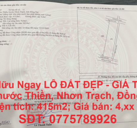 SỞ HỮU NGAY LÔ ĐẤT ĐẸP - GIÁ TỐT - XÃ PHƯỚC THIỀN, NHƠN TRẠCH, ĐỒNG NAI