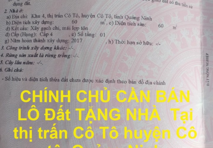 CHÍNH CHỦ CẦN BÁN  LÔ Đất TẶNG NHÀ  Tại  thị trấn Cô Tô huyện Cô tô, Quảng Ninh