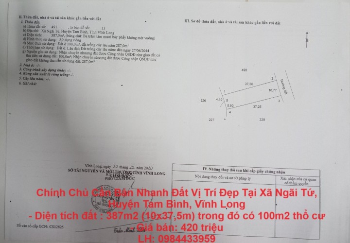 Chính Chủ Cần Bán Nhanh Đất Vị Trí Đẹp Tại Xã Ngãi Tứ, Huyện Tam Bình, Vĩnh Long