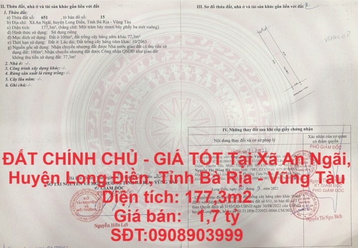 ĐẤT CHÍNH CHỦ - GIÁ TỐT Tại Xã An Ngãi, Huyện Long Điền, Tỉnh Bà Rịa - Vũng Tàu