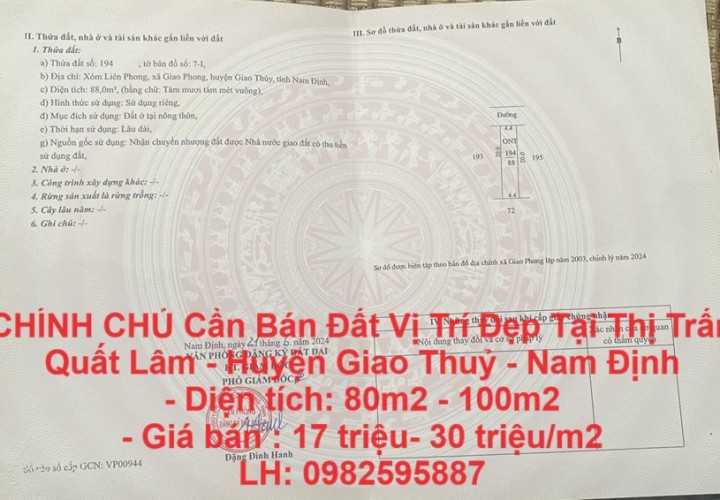 CHÍNH CHỦ Cần Bán Đất Vị Trí Đẹp Tại Thị Trấn Quất Lâm - Huyện Giao Thuỷ - Nam Định