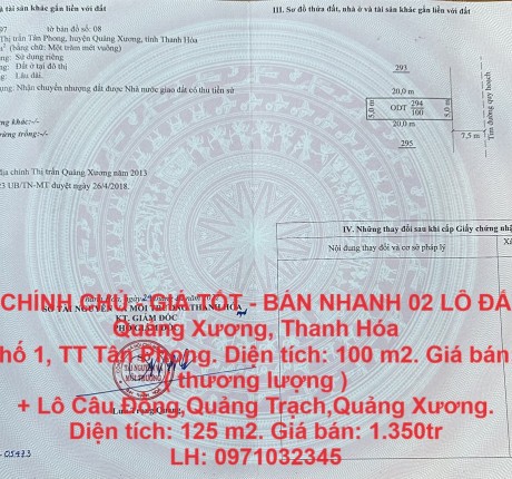 ĐẤT CHÍNH CHỦ - GIÁ TỐT - BÁN NHANH 02 LÔ ĐẤT TẠI QUẢNG XƯƠNG, THANH HÓA