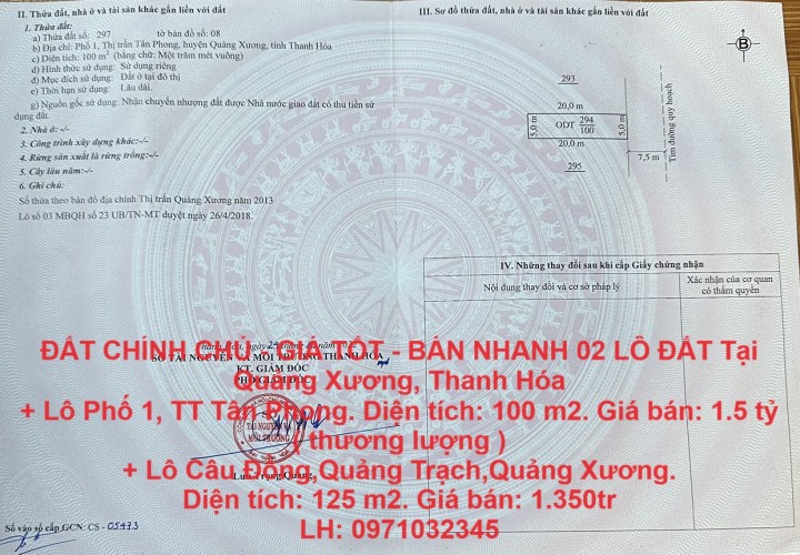 ĐẤT CHÍNH CHỦ - GIÁ TỐT - BÁN NHANH 02 LÔ ĐẤT Tại Quảng Xương, Thanh Hóa