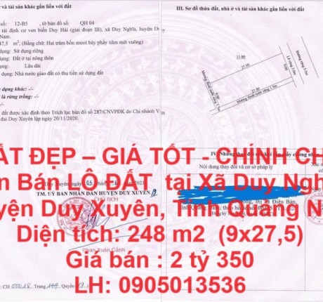 ĐẤT ĐẸP – GIÁ TỐT - CHÍNH CHỦ CẦN BÁN LÔ ĐẤT TẠI XÃ DUY NGHĨA, HUYỆN DUY XUYÊN, TỈNH QUẢNG NAM